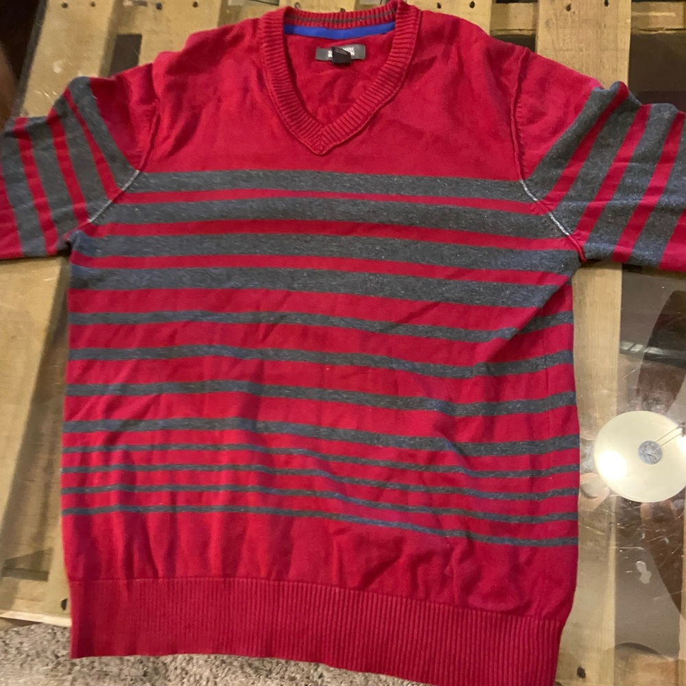 Red and grey striped long sleeve men’s sweater
